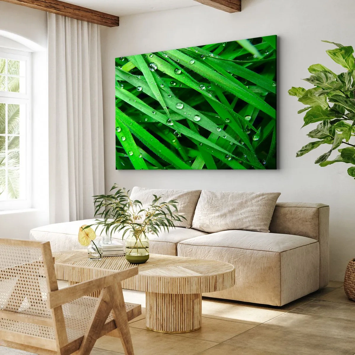 Lærredstryk - Billede på lærred - Nærbillede af grønne græsstrå med dugdråber - 70x50cm - Spil grønt - Moderne vægdekoration til stue og soveværelse ARTTOR