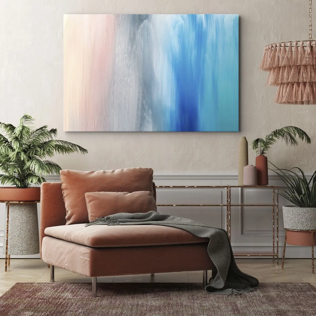 Lærredstryk - Billede på lærred - Abstrakte penselstrøg i nuancer af blå og lyserød - 70x50cm - Elementer: luft - Moderne vægdekoration til stue og soveværelse ARTTOR