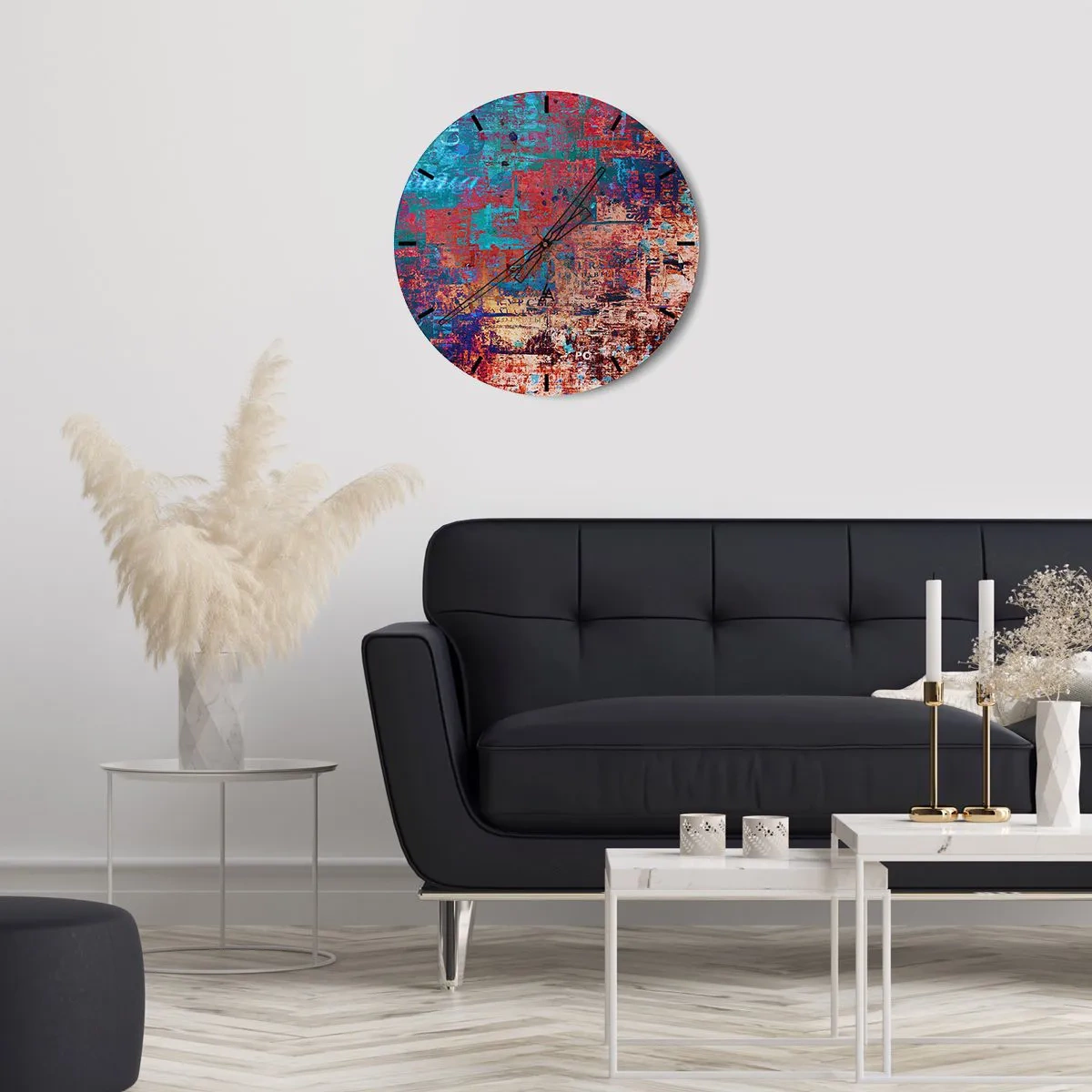 Vægur, Uret - En abstrakt komposition i intense nuancer af rød og blå. - 30x30cm - Hukommelse og glemsel - Moderne vægdekoration til stue, køkken og soveværelse ARTTOR