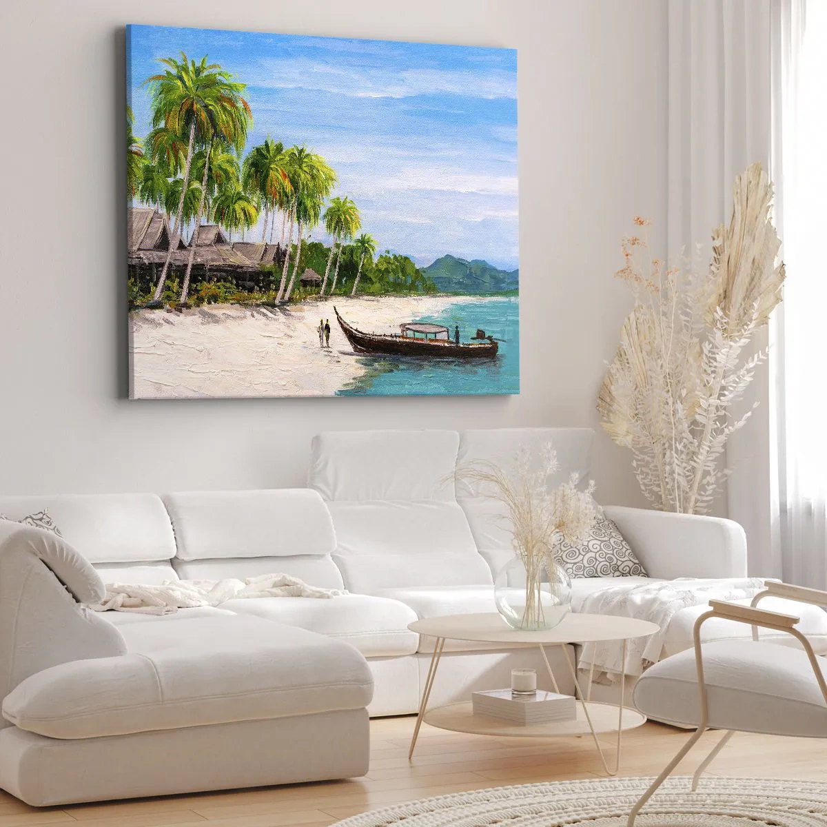 Lærredstryk - Billede på lærred - En eksotisk strand med palmer og en båd ved kysten - 70x50cm - En eksotisk drøm - Moderne vægdekoration til stue og soveværelse ARTTOR