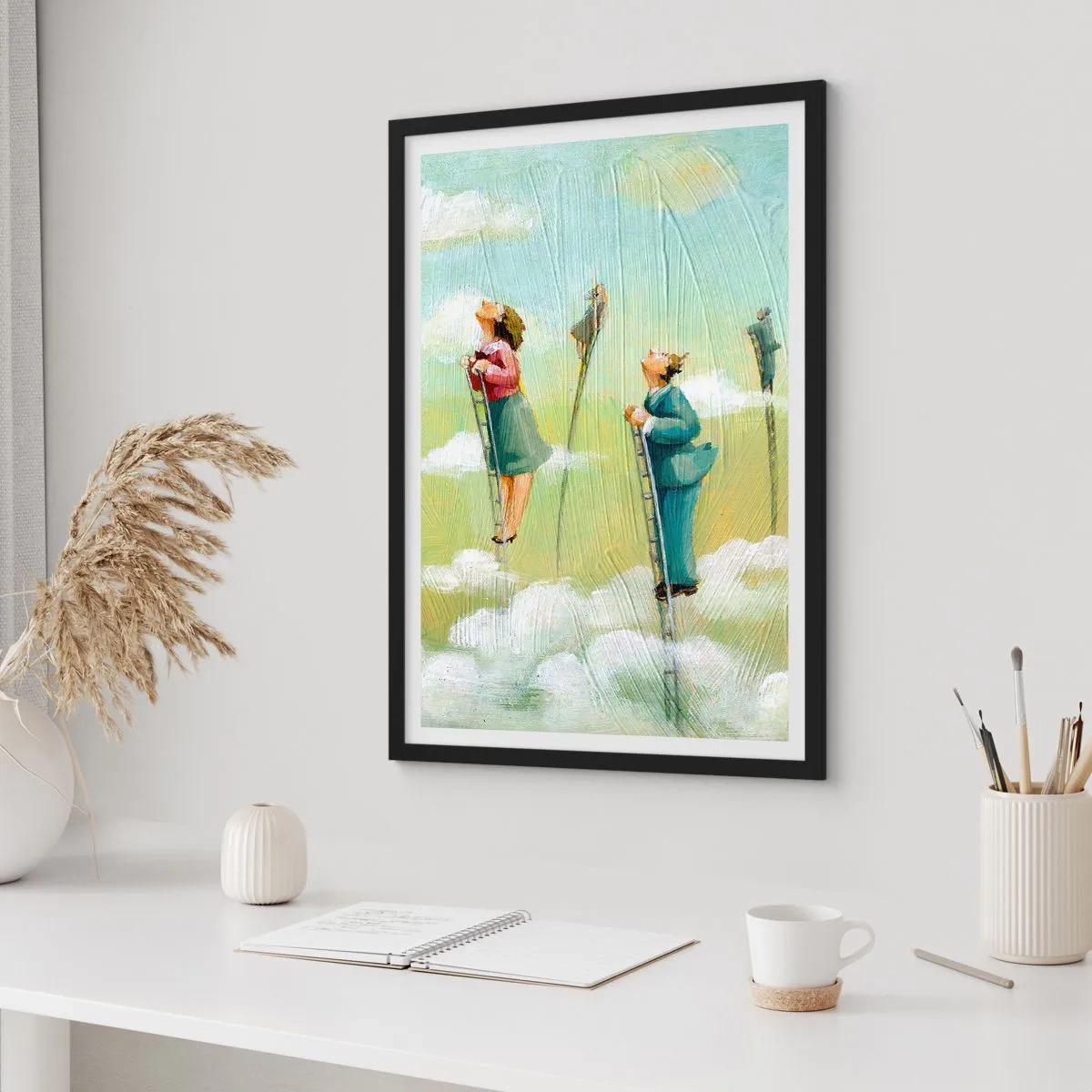 Plakat i sort ramme - Figurer klatrer op ad stiger i skyerne - 50x70cm - Bag din drøm - Moderne vægdekoration til stue og soveværelse ARTTOR