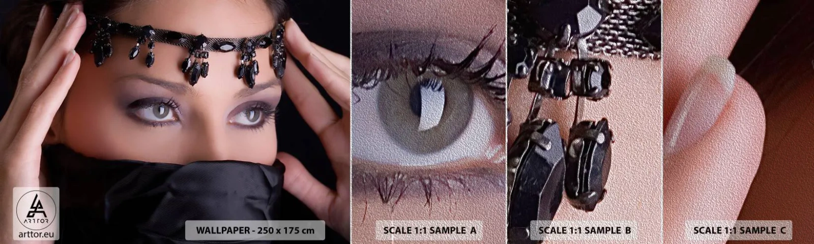 Prøve Fototapet Premium Sand - Orientalsk fristende mysterium - Kvinde, Øjne, Kultur - 100x30 cm