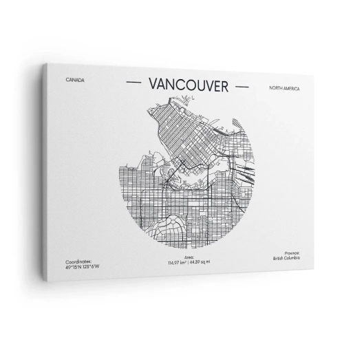 Lærredstryk - Billede på lærred - Et kort over Vancouver i minimalistisk sort-hvid stil - 70x50cm - Anatomi af Vacouver - Moderne vægdekoration til stue og soveværelse ARTTOR