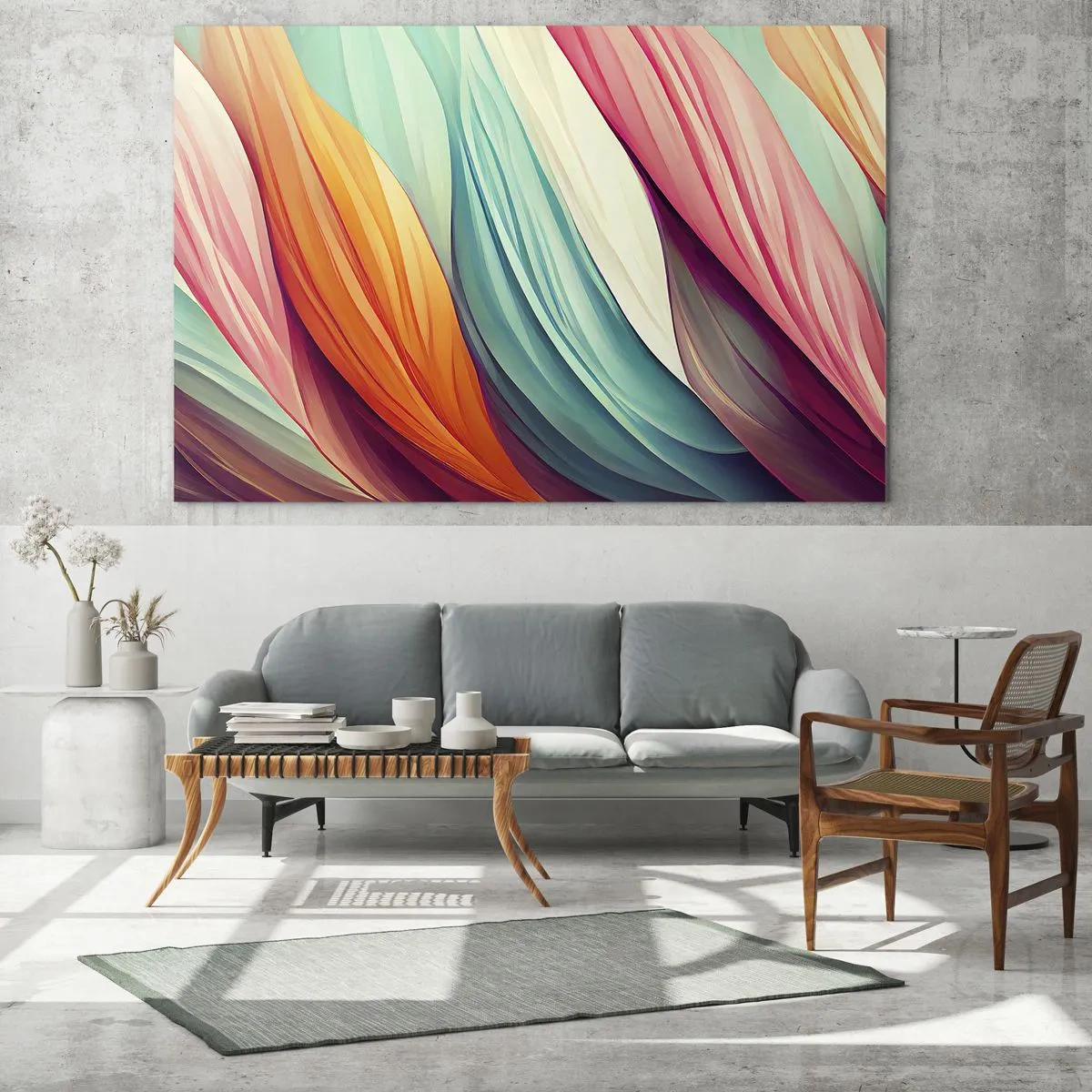 Billede på glas - En farverig vævning af abstrakte striber i pastelfarver - 70x50cm - Regnbuevævning - Moderne vægdekoration til stue og soveværelse ARTTOR