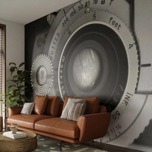 Fototapet Selvklæbende Deluxe Sticker - Historien om Hollywood - Kamera, Sort og hvid, Årgang - 250x175 cm