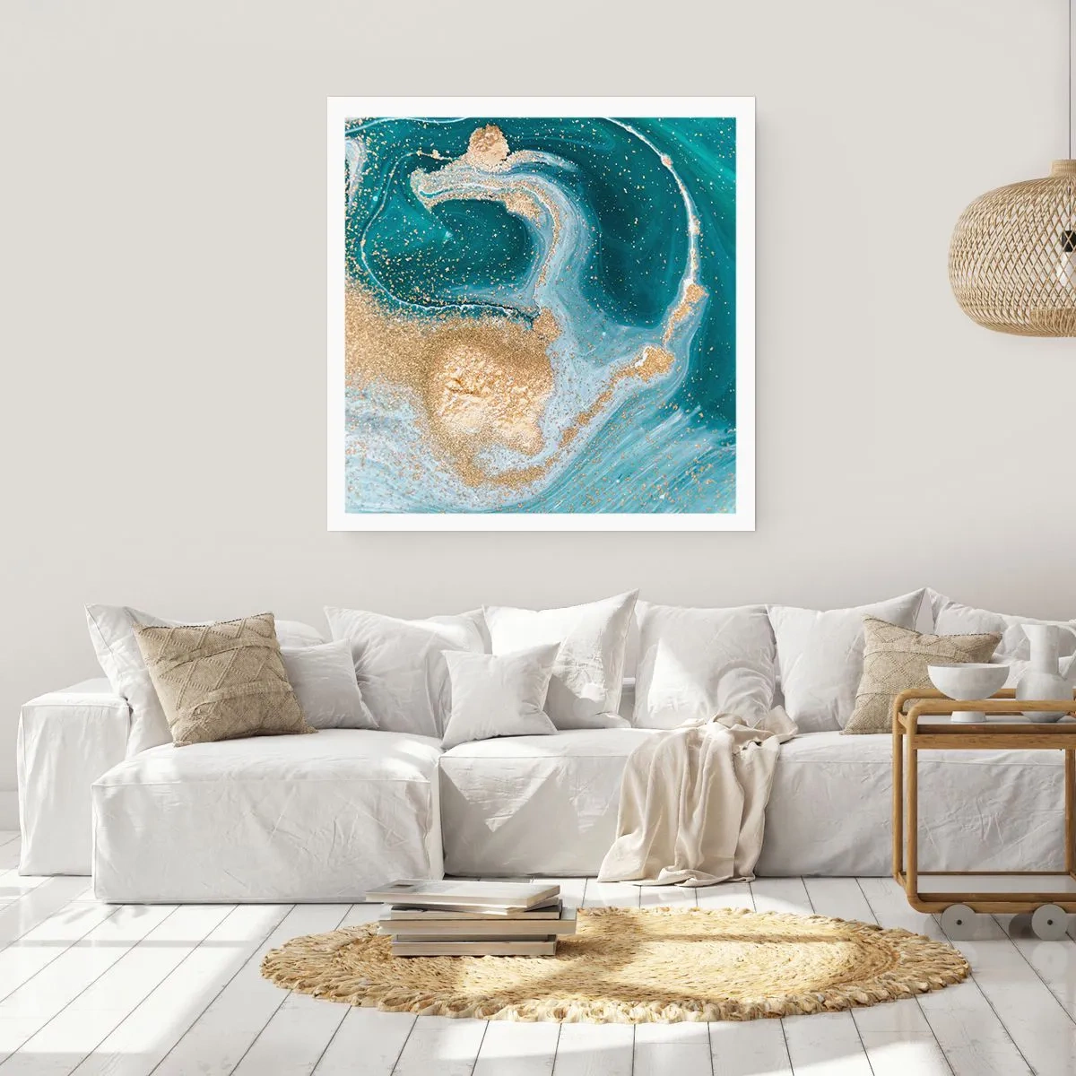 Plakat - En hvirvel af guld og turkis - 60x60 cm