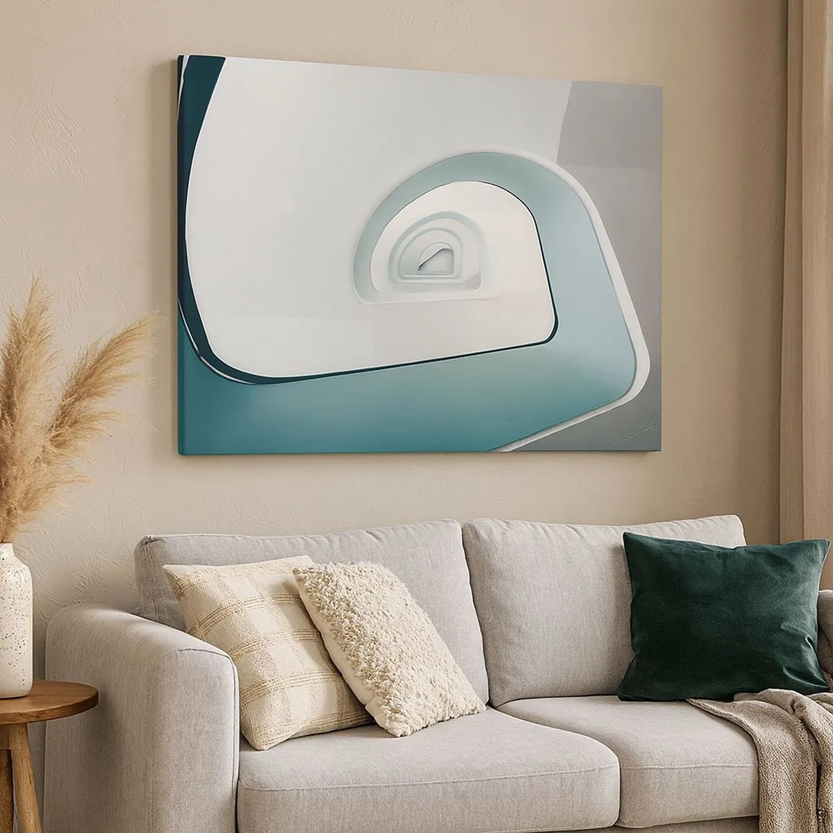 Lærredstryk - Billede på lærred - Minimalistisk arkitektur med afrundede linjer - 70x50cm - Til bunden af det blå - Moderne vægdekoration til stue og soveværelse ARTTOR