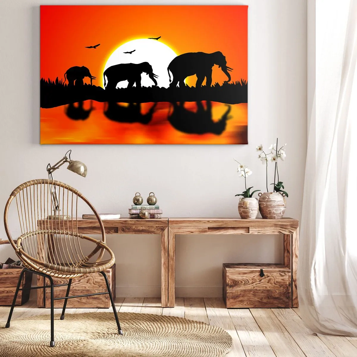 Lærredstryk - Billede på lærred - Silhuetter af elefanter ved solnedgang over vand med refleksion - 70x50cm - Og om aftenen til en lille drink - Moderne vægdekoration til stue og soveværelse ARTTOR