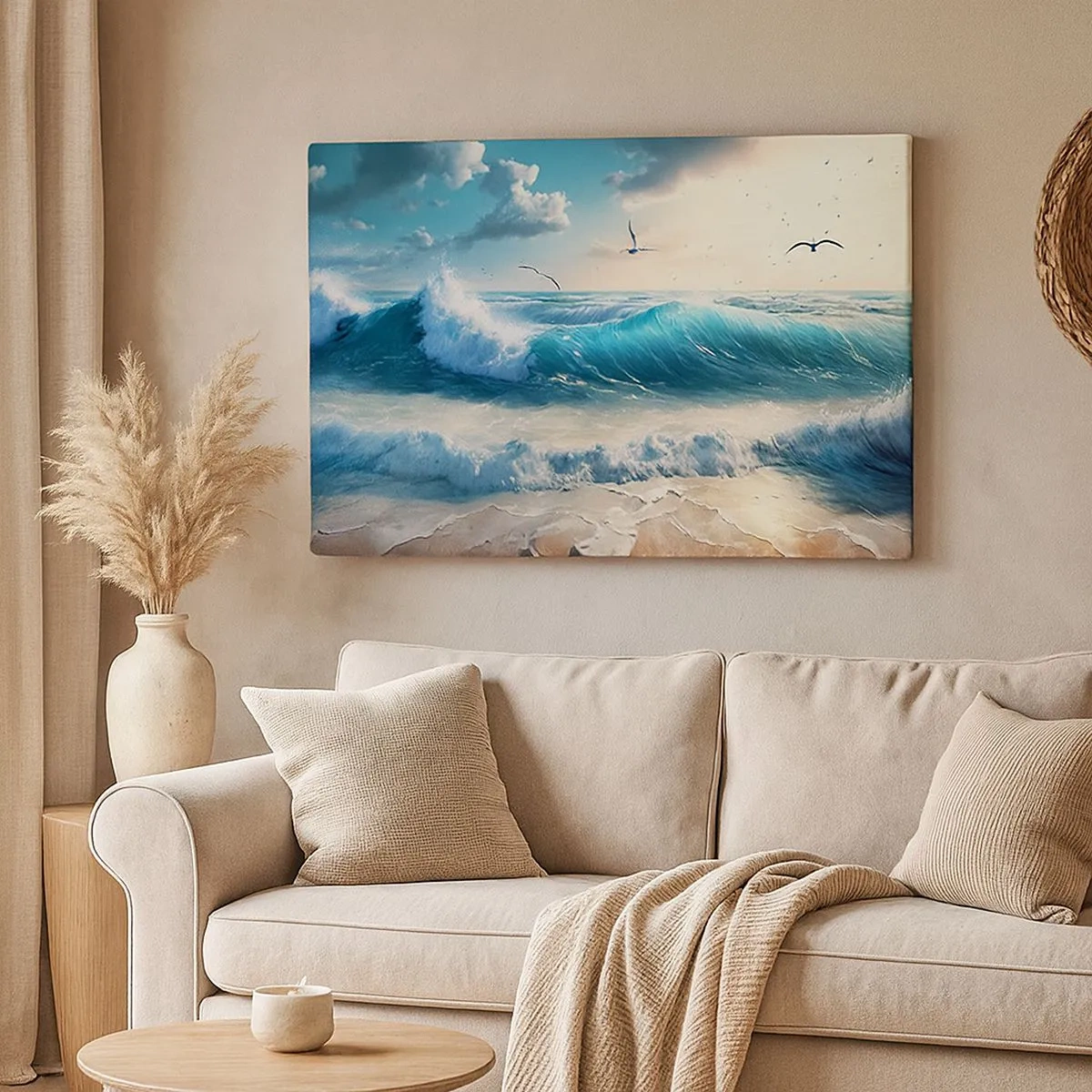 Lærredstryk - Billede på lærred - Havbølger på stranden under en blå himmel med måger - 70x50cm - Støj kun for dig - Moderne vægdekoration til stue og soveværelse ARTTOR