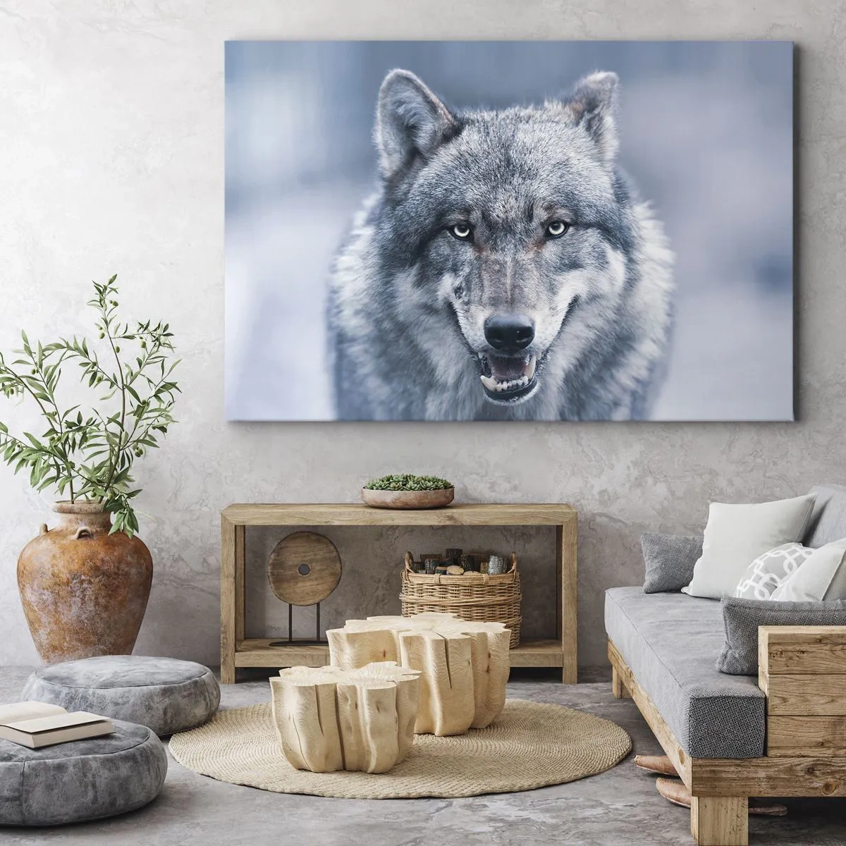 Lærredstryk - Billede på lærred - En ulv med et intenst blik i et vinterlandskab - 70x50cm - Vil du tage udfordringen op? - Moderne vægdekoration til stue og soveværelse ARTTOR
