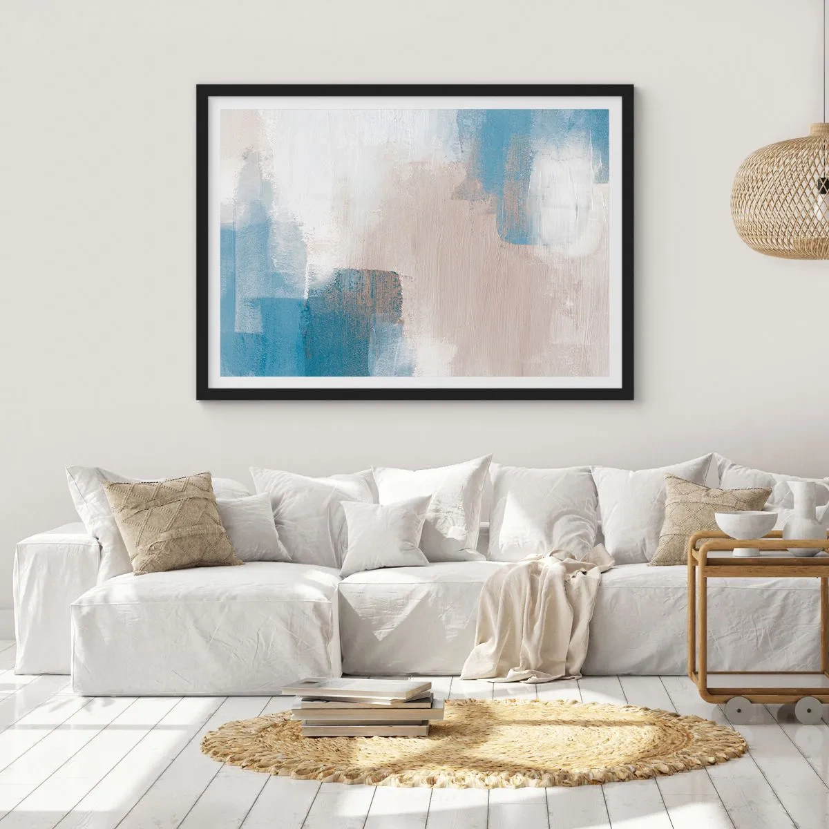 Plakat i sort ramme - Lyserød abstraktion bag et slør af blåt - 100x70 cm