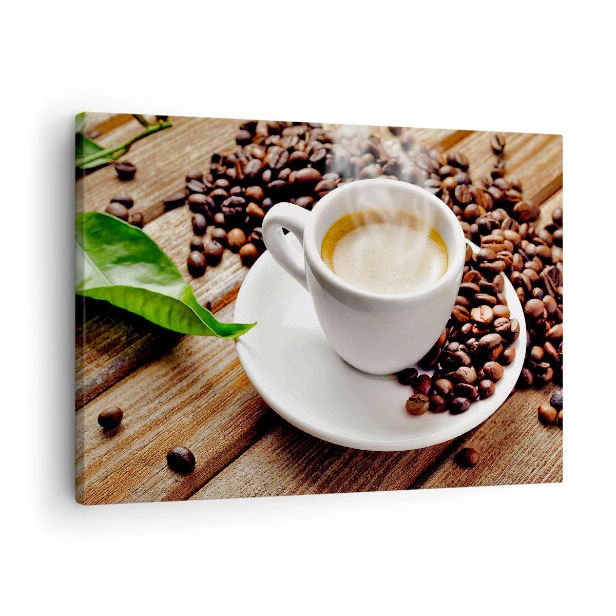 Lærredstryk - Billede på lærred - En kop aromatisk kaffe mod en baggrund af bønner og et blad - 70x50cm - Kaffe på bænken - Moderne vægdekoration til stue og soveværelse ARTTOR
