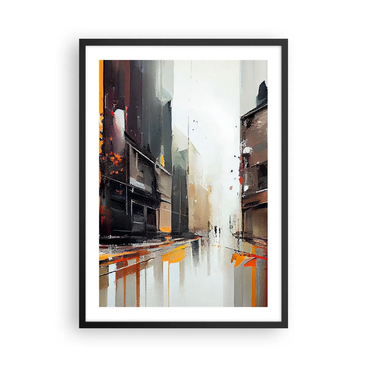 Plakat i sort ramme - Abstrakt bypanorama i grå og orange nuancer - 50x70cm - Regnfuld dag - Moderne vægdekoration til stue og soveværelse ARTTOR