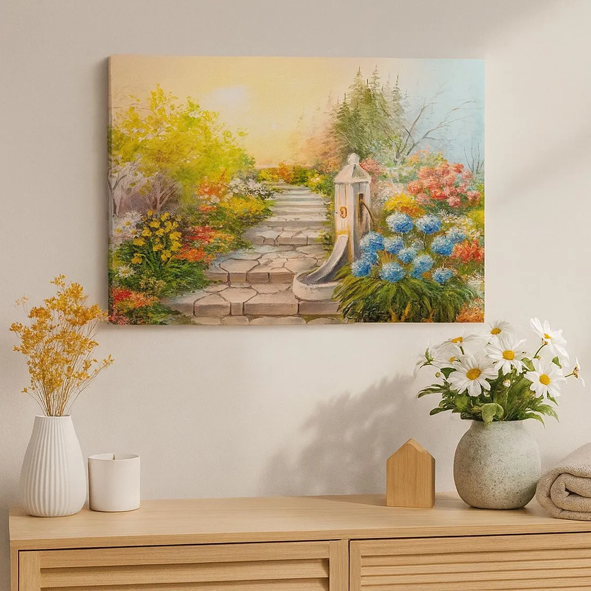 Lærredstryk - Billede på lærred - En malerisk have med et springvand og farverige blomster - 70x50cm - I fuld blomstring - Moderne vægdekoration til stue og soveværelse ARTTOR
