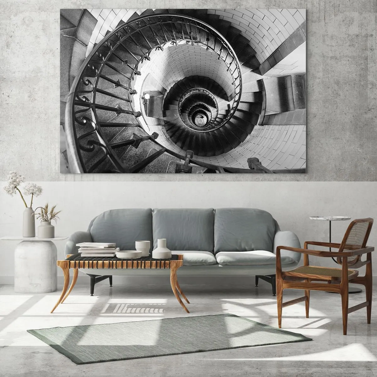 Billede på glas - Sort-hvidt foto af en vindeltrappe i perspektiv - 70x50cm - Højt og højere - Moderne vægdekoration til stue og soveværelse ARTTOR