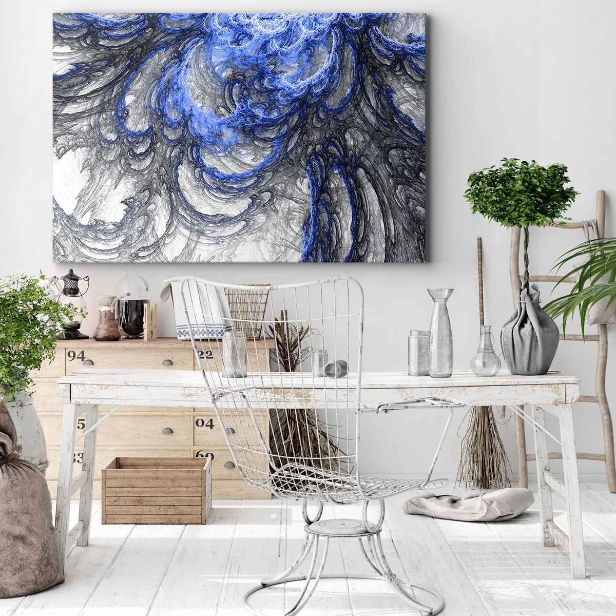 Lærredstryk - Billede på lærred - Abstrakte bølger i nuancer af blå og grå - 70x50cm - En bølges fødsel - Moderne vægdekoration til stue og soveværelse ARTTOR