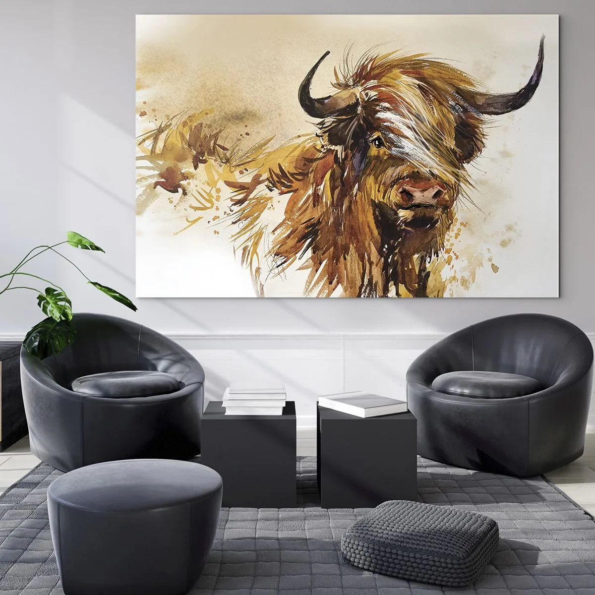 Billede på glas - Akvarel illustration af en langhåret skotsk tyr - 70x50cm - Jægerens stolthed - Moderne vægdekoration til stue og soveværelse ARTTOR