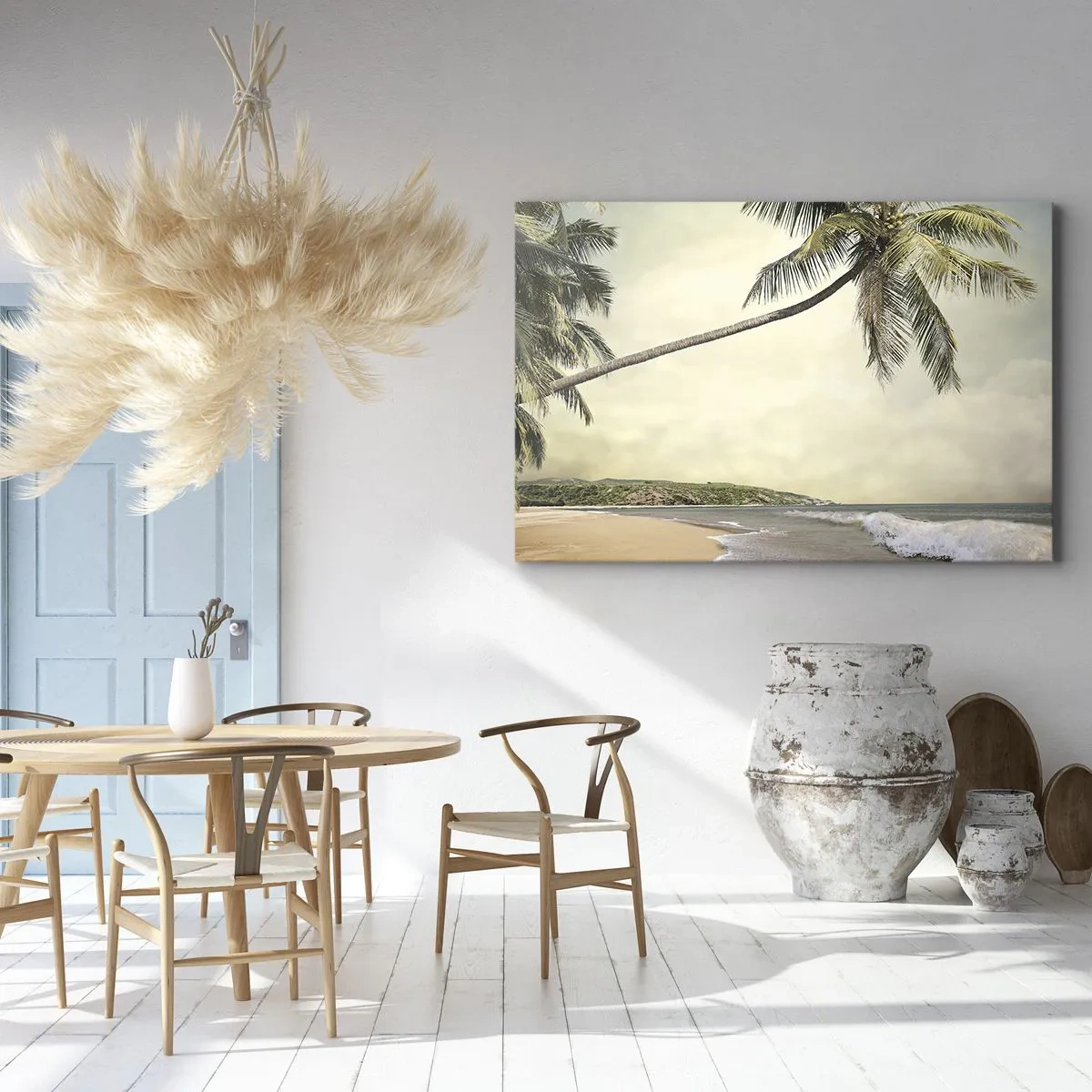 Lærredstryk - Billede på lærred - En strand med palmer mod et roligt hav - 70x50cm - En tropisk drøm - Moderne vægdekoration til stue og soveværelse ARTTOR
