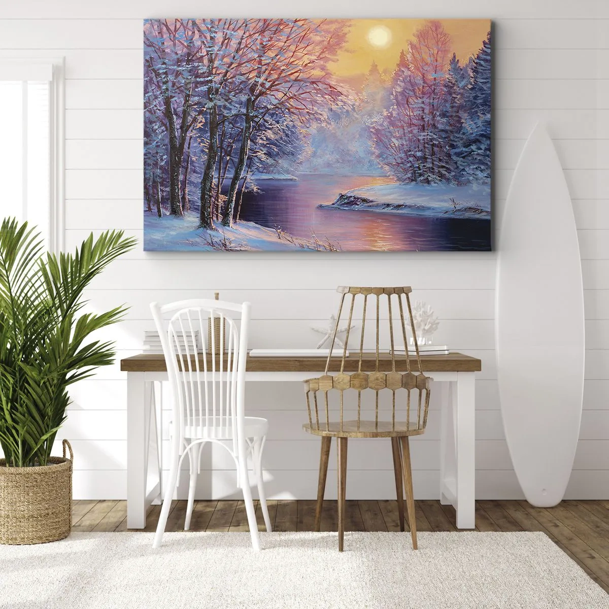 Lærredstryk - Billede på lærred - Vinterlandskab med flod og træer ved solopgang - 70x50cm - Vinterens farver - Moderne vægdekoration til stue og soveværelse ARTTOR