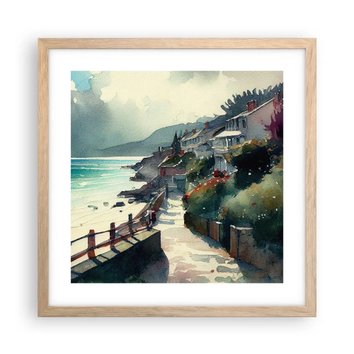 Plakat i ramme af lyst egetræ - Middelhavsby - 40x40 cm