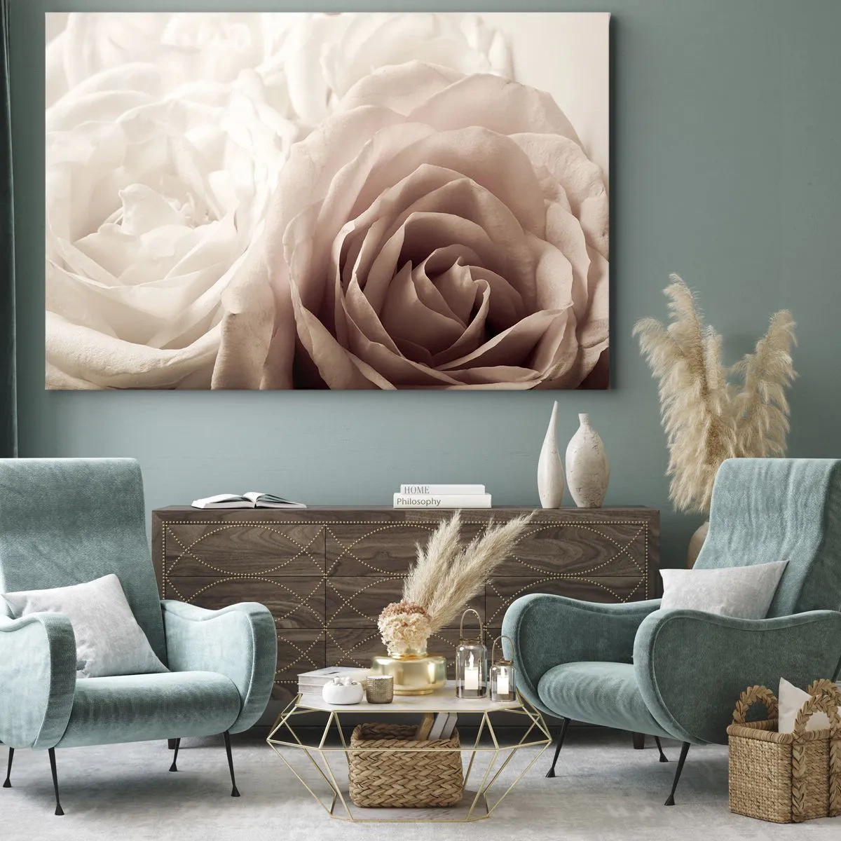Lærredstryk - Billede på lærred - Delikate roser i pastelfarver af beige - 70x50cm - I rosens hjerte - Moderne vægdekoration til stue og soveværelse ARTTOR