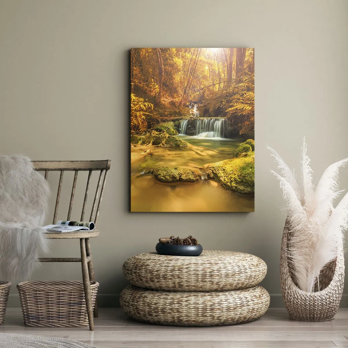 Lærredstryk - Billede på lærred - Skovkaskade i guld - 50x70 cm