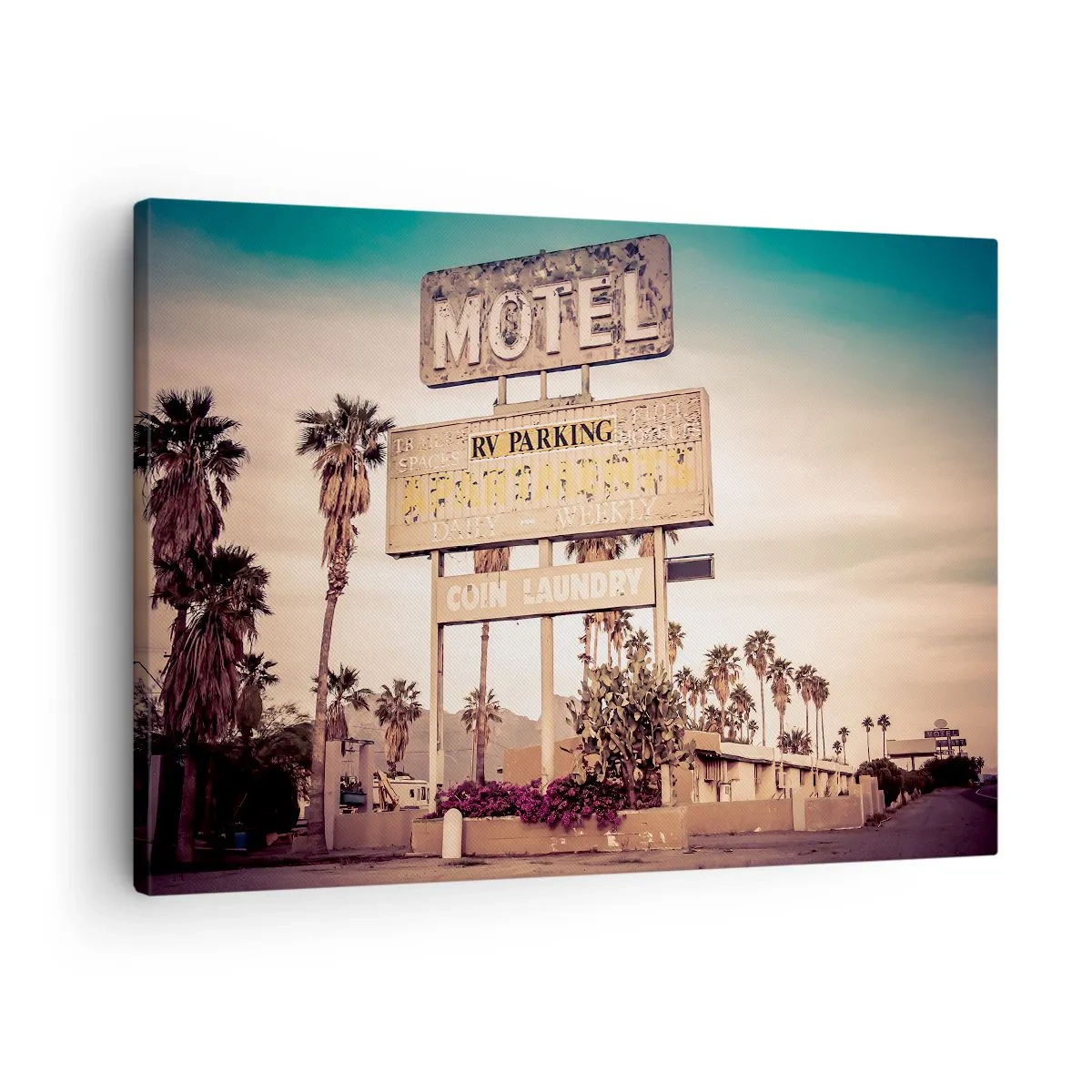 Lærredstryk - Billede på lærred - Retro motelskilt omgivet af palmer - 70x50cm - Her er tiden standset - Moderne vægdekoration til stue og soveværelse ARTTOR