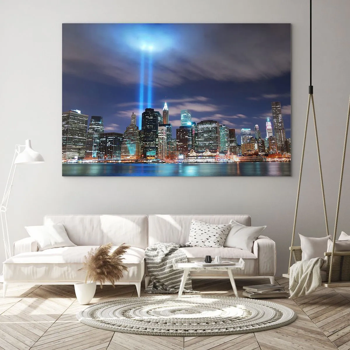 Billede på glas - Aftenpanorama over byen med spotlights - 70x50cm - Ræk mod himlen med lys - Moderne vægdekoration til stue og soveværelse ARTTOR