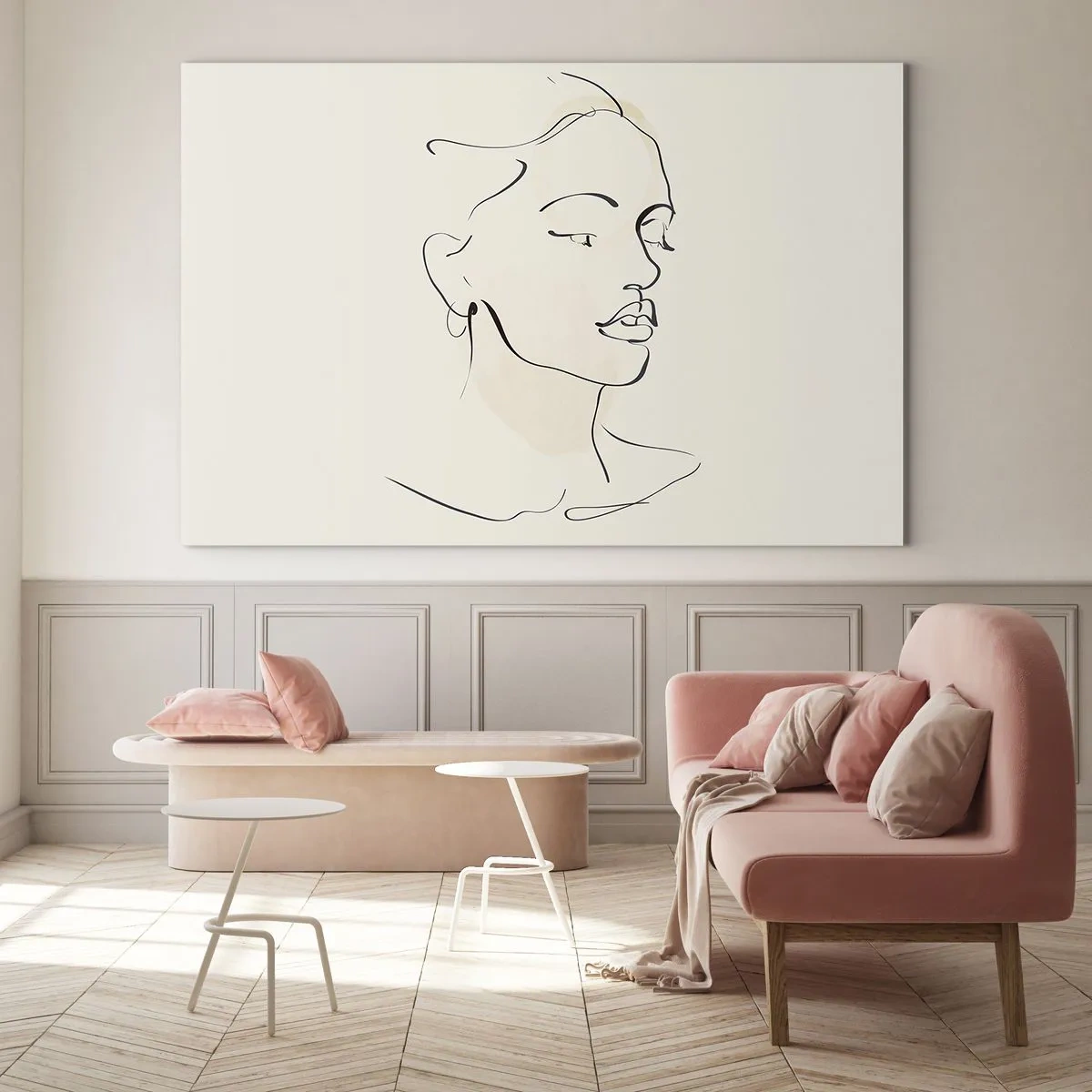 Billede på glas - Et kvindeligt lineært portræt mod en lys baggrund med fine skygger. - 70x50cm - En bestemt linje - Moderne vægdekoration til stue og soveværelse ARTTOR