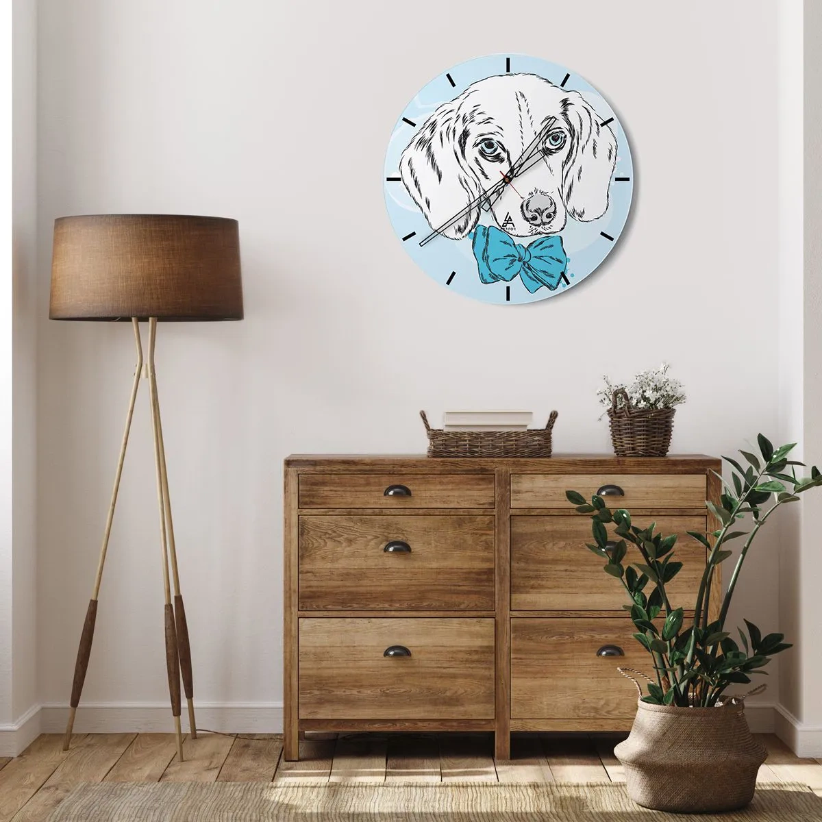 Vægur, Uret - Kunstnerisk tegning af en hund med en blå butterfly på en lys baggrund - 30x30cm - Elegance for hunde - Moderne vægdekoration til stue, køkken og soveværelse ARTTOR