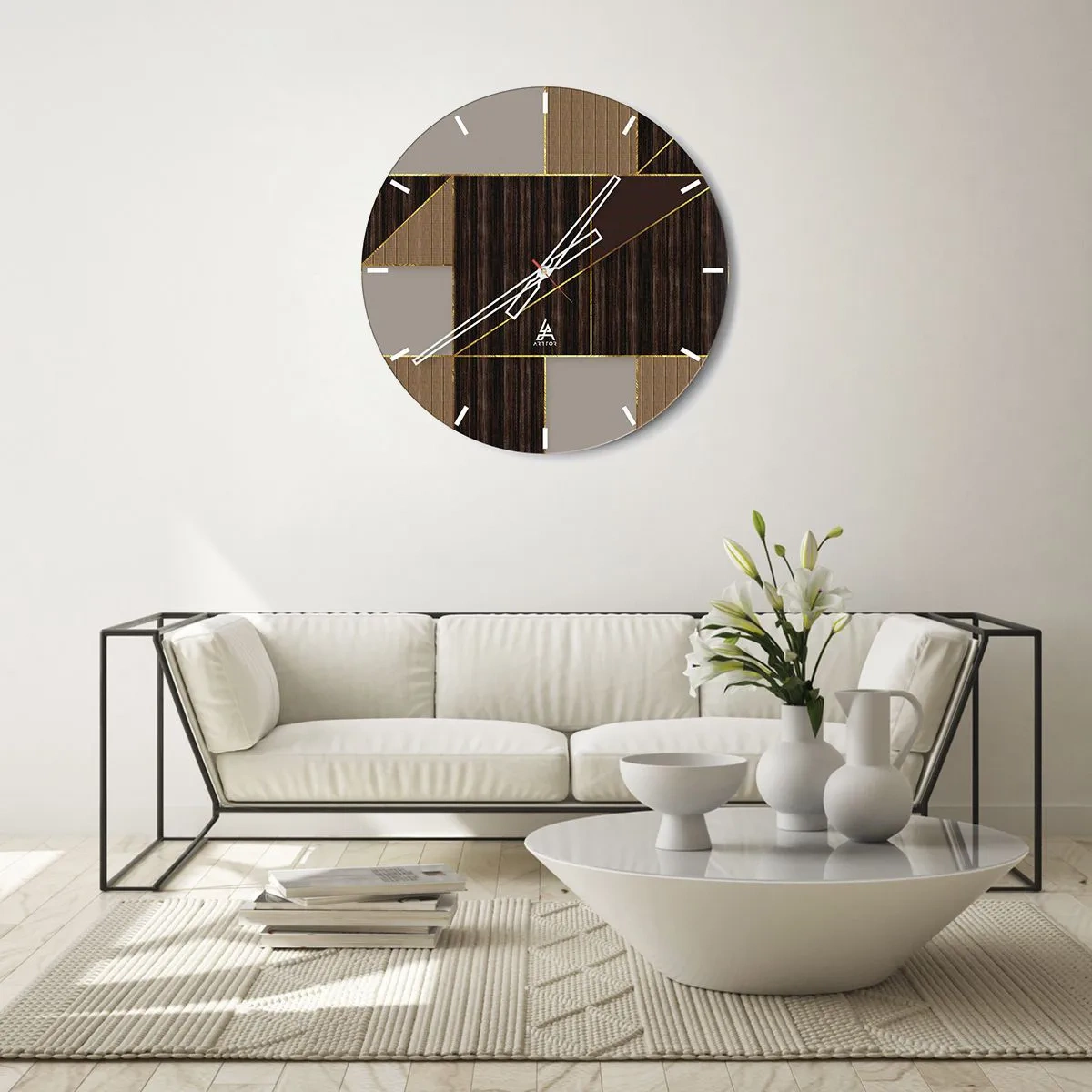 Vægur, Uret - Moderne mosaik med brune, beige og guld linjer - 30x30cm - En mosaik af brune og gyldne farver - Moderne vægdekoration til stue, køkken og soveværelse ARTTOR