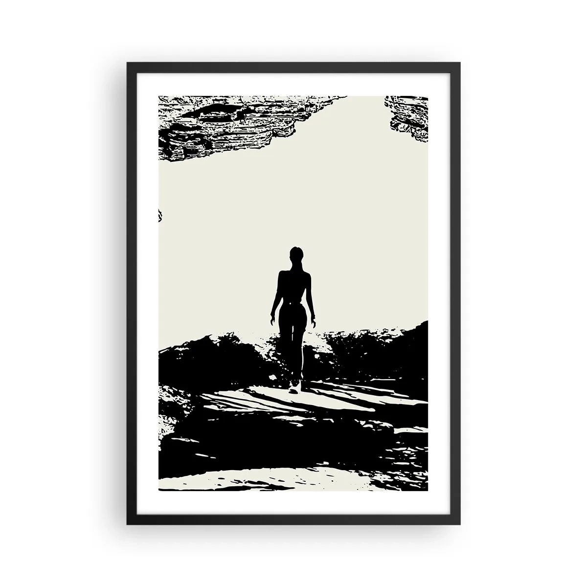 Plakat i sort ramme - Silhuet af en kvinde, der kommer ud af en hule i kontrasterende stil - 50x70cm - Et nyt udseende - Moderne vægdekoration til stue og soveværelse ARTTOR