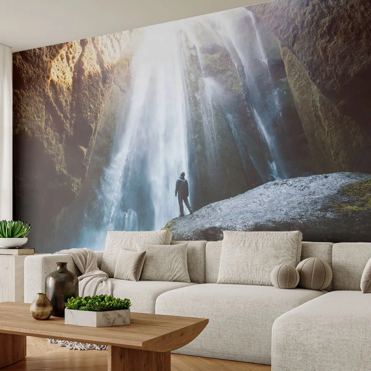 Fototapet Premium Sand - Genskabelse af proportioner - Vandfald, Klipper, Hule - 100x70 cm