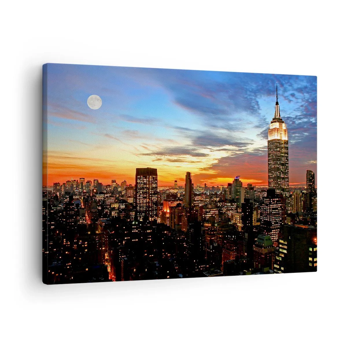 Lærredstryk - Billede på lærred - Bypanorama med oplyste skyskrabere i skumringen - 70x50cm - En lysende amerikansk nat - Moderne vægdekoration til stue og soveværelse ARTTOR
