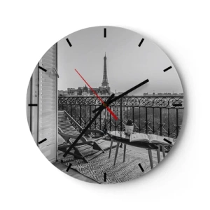Vægur, Uret - Udsigt fra Eiffeltårnets balkon i sort-hvid - 30x30cm - Eftermiddag i Paris - Moderne vægdekoration til stue, køkken og soveværelse ARTTOR