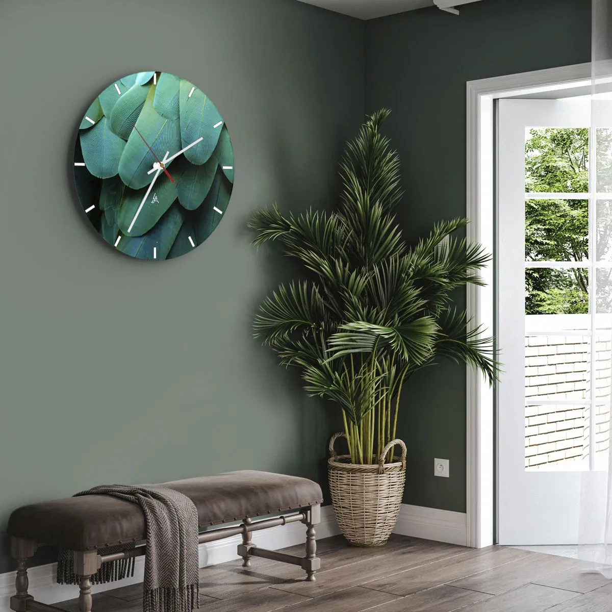Vægur, Uret - Nærbillede af de grønne fjer fra en eksotisk fugl - 30x30cm - Papegøjenaturens præcision - Moderne vægdekoration til stue, køkken og soveværelse ARTTOR