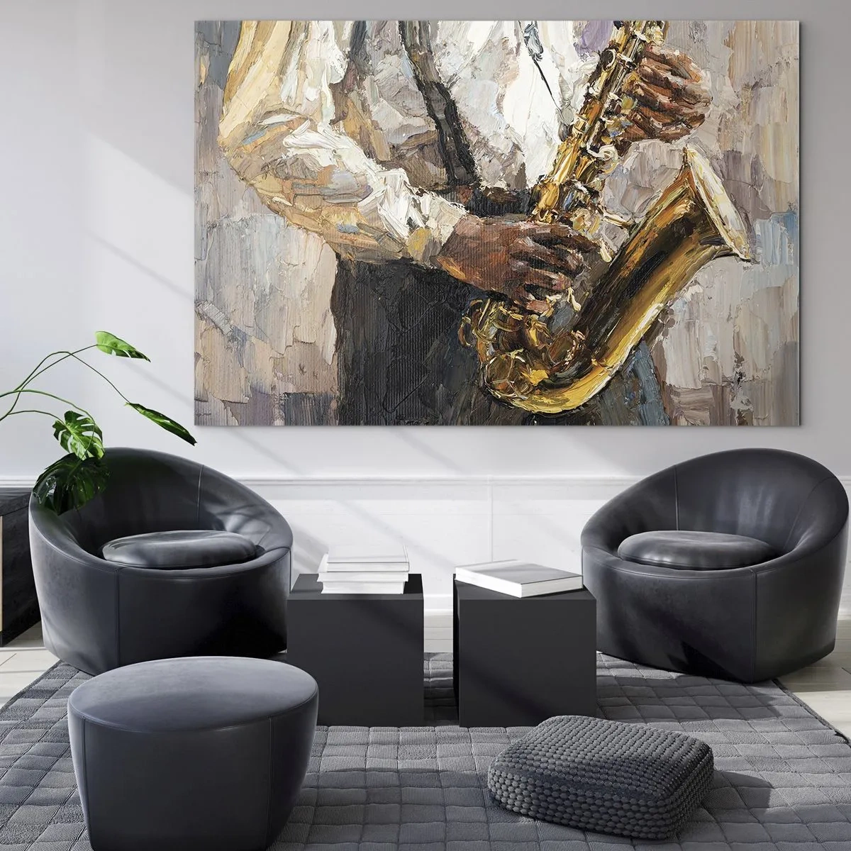 Billede på glas - En musiker, der spiller saxofon, malet med impasto-teknikken - 70x50cm - Tid til at gå solo - Moderne vægdekoration til stue og soveværelse ARTTOR