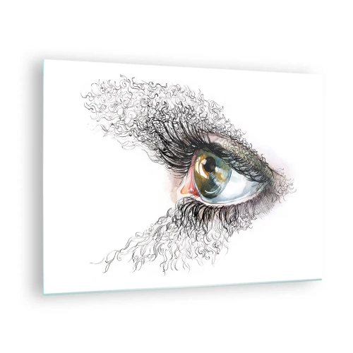 Billede på glas - Et gyldent øje omgivet af dynamiske linjer og abstrakte detaljer - 70x50cm - Se direkte ind i sjælen - Moderne vægdekoration til stue og soveværelse ARTTOR