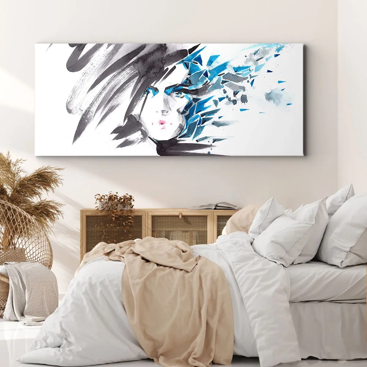 Lærredstryk - Billede på lærred - Sensuelt portræt i grå og blå farver - 160x50 cm