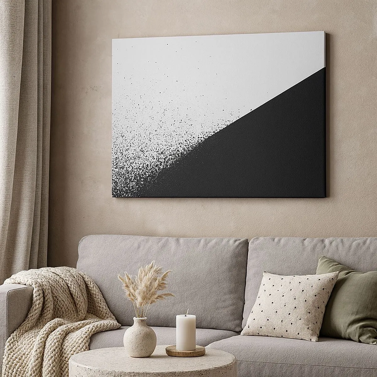 Lærredstryk - Billede på lærred - Minimalistisk abstraktion i sort-hvid med spredte prikker - 70x50cm - Hurtigere og hurtigere, mere og mere - Moderne vægdekoration til stue og soveværelse ARTTOR