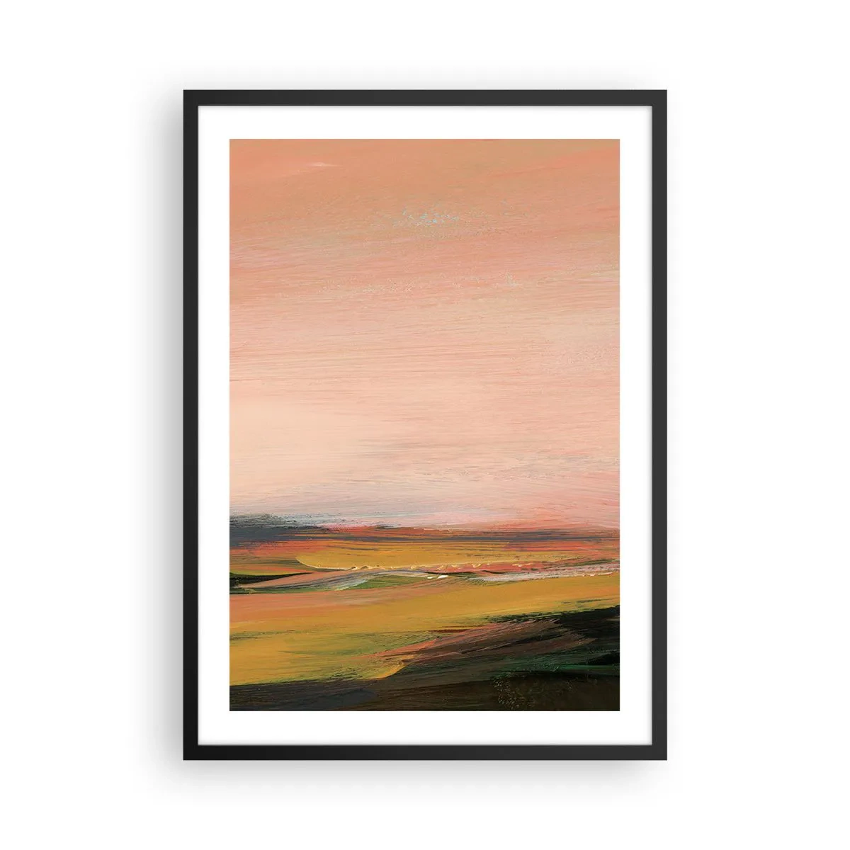 Plakat i sort ramme - Abstrakt landskab i varme solnedgangsnuancer - 50x70cm - I lyserøde toner - Moderne vægdekoration til stue og soveværelse ARTTOR
