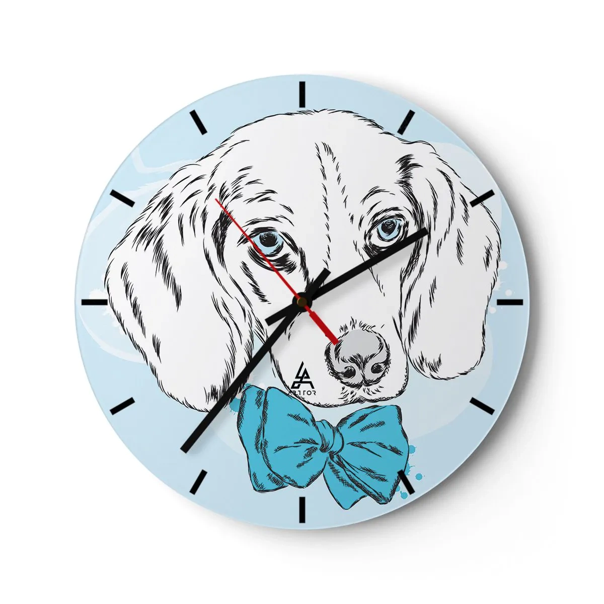 Vægur, Uret - Kunstnerisk tegning af en hund med en blå butterfly på en lys baggrund - 30x30cm - Elegance for hunde - Moderne vægdekoration til stue, køkken og soveværelse ARTTOR