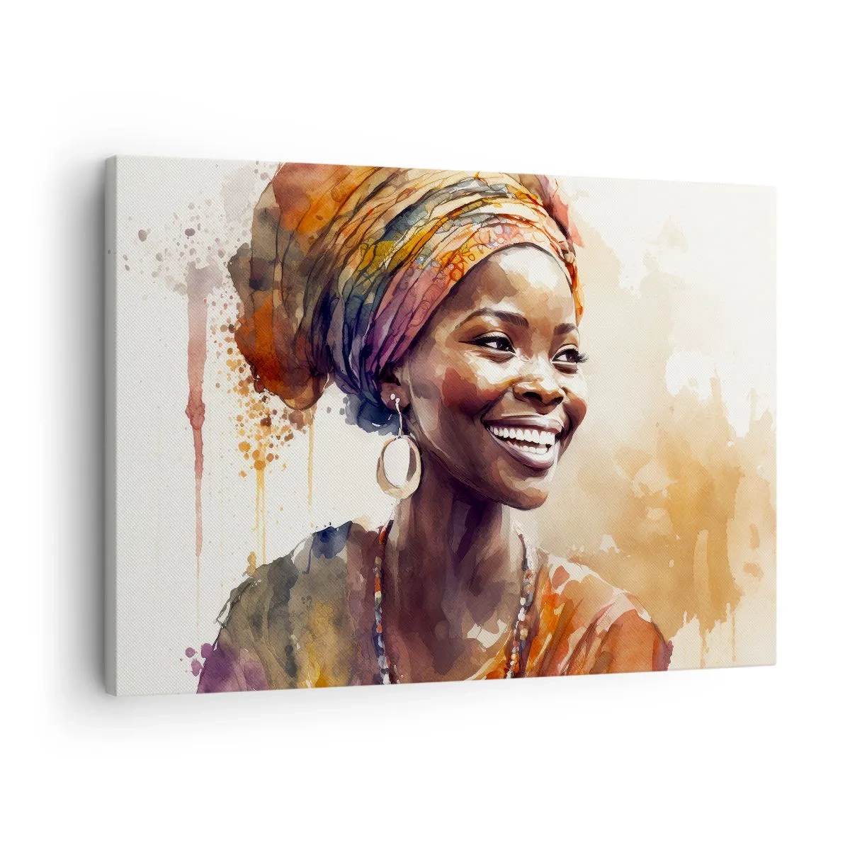 Lærredstryk - Billede på lærred - Portræt af en smilende kvinde i et farverigt tørklæde i akvarel - 70x50cm - Afrikansk dronning - Moderne vægdekoration til stue og soveværelse ARTTOR