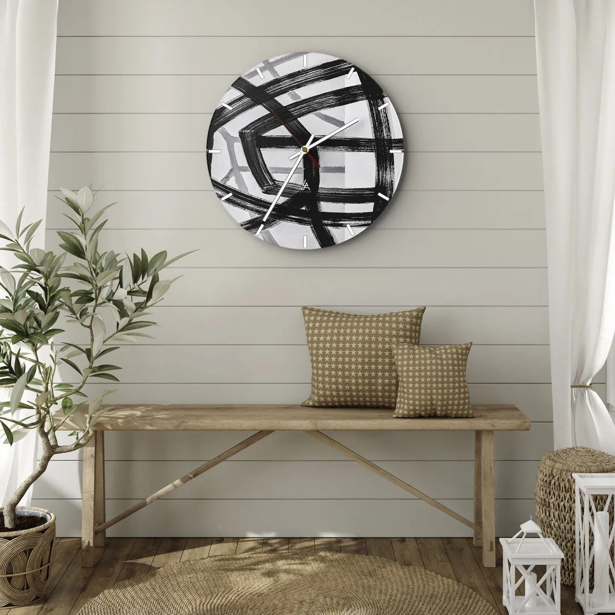 Vægur, Uret - Dynamiske sorte penselstrøg skaber tredimensionelle mønstre - 30x30cm - Opbygning af dybde - Moderne vægdekoration til stue, køkken og soveværelse ARTTOR