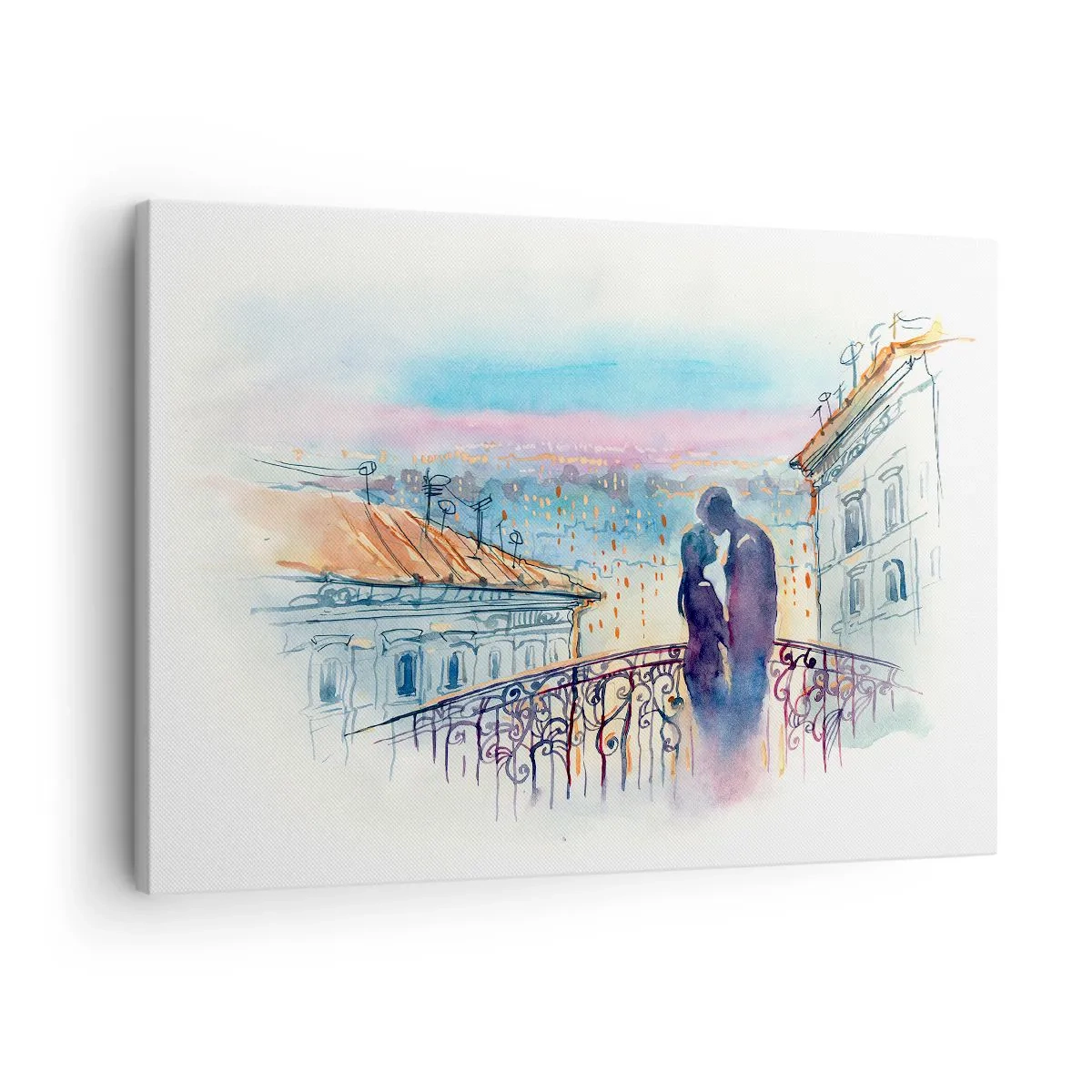 Lærredstryk - Billede på lærred - Romantisk par på en balkon med udsigt over byen - 70x50cm - Parisiske elskere - Moderne vægdekoration til stue og soveværelse ARTTOR