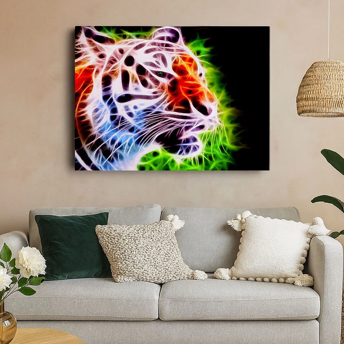 Lærredstryk - Billede på lærred - Farverigt kunstnerisk portræt af en tiger i neonstil på en sort baggrund. - 70x50cm - Farlig aura - Moderne vægdekoration til stue og soveværelse ARTTOR