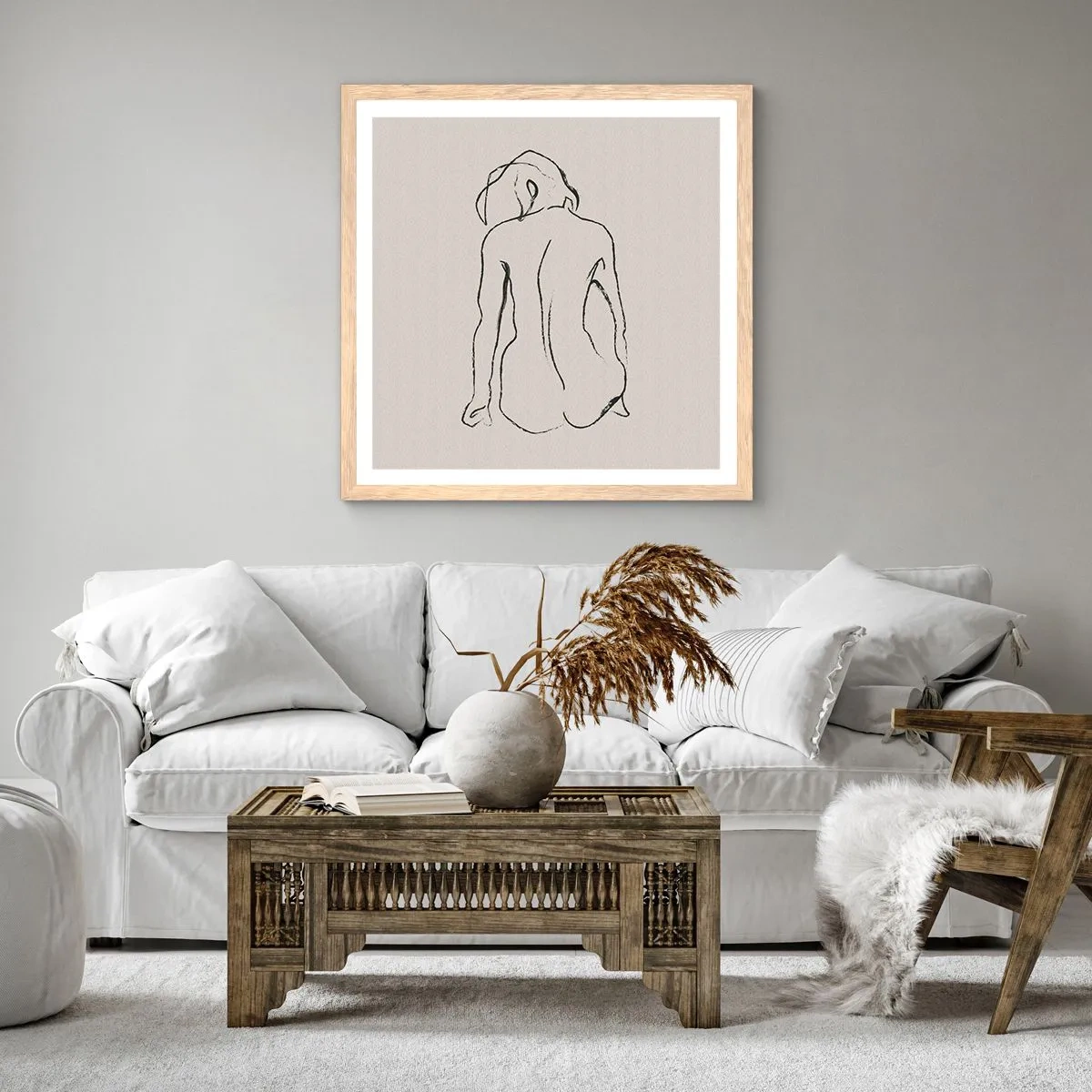 Plakat i ramme af lyst egetræ - Nøgen pige - 30x30 cm
