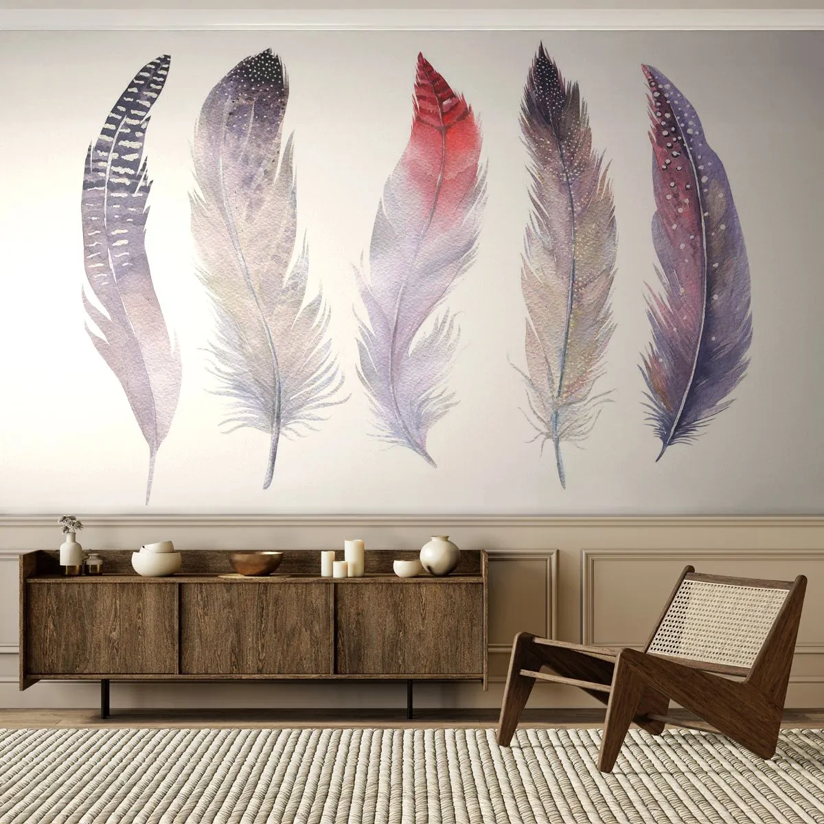 Fototapet Standard Eco - Delikat som en flerfarvet tåge - Fuglefjer, Boho, Grafik - 200x140 cm