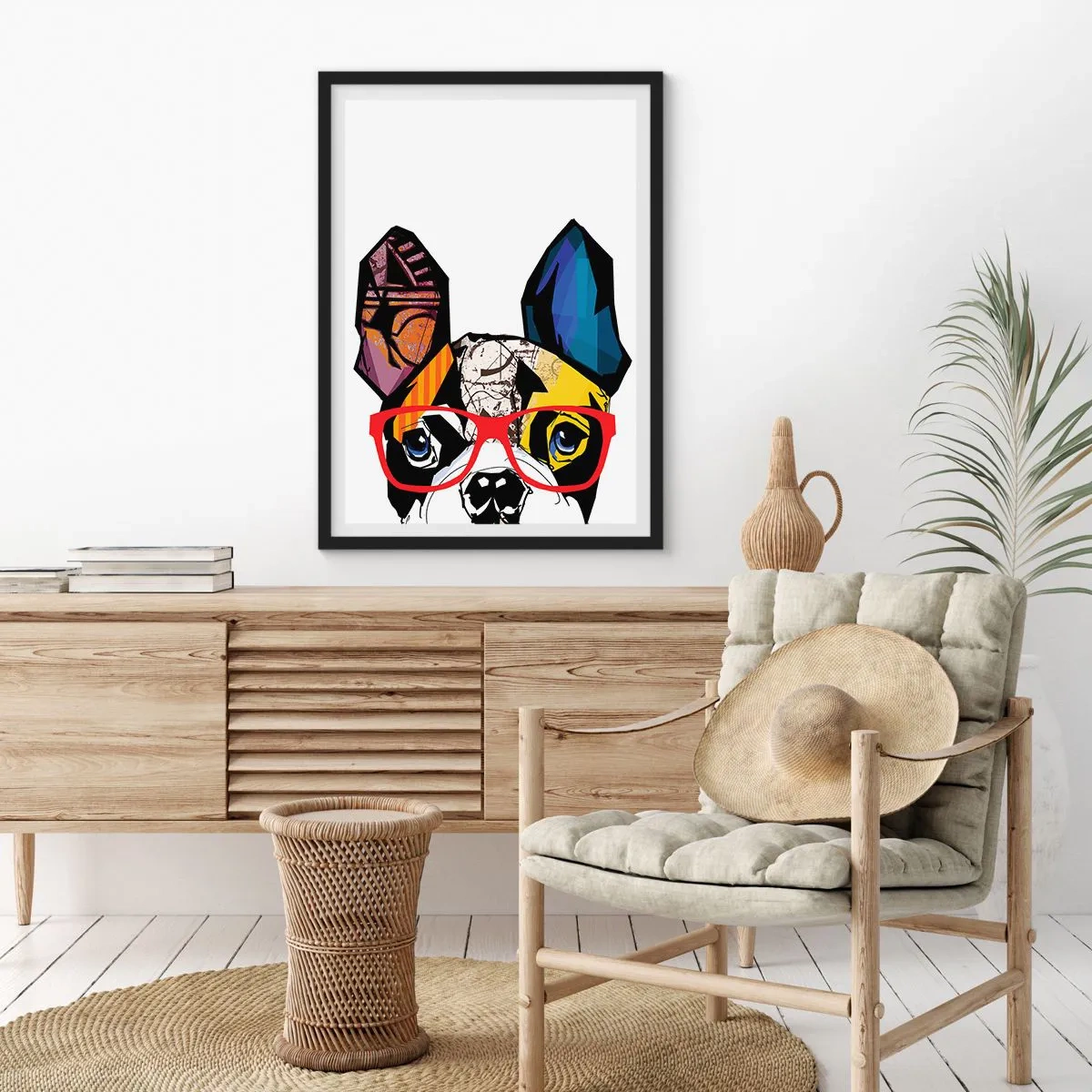 Plakat i sort ramme - Farverigt portræt af en hund med briller - 50x70cm - Intellektuel - Moderne vægdekoration til stue og soveværelse ARTTOR