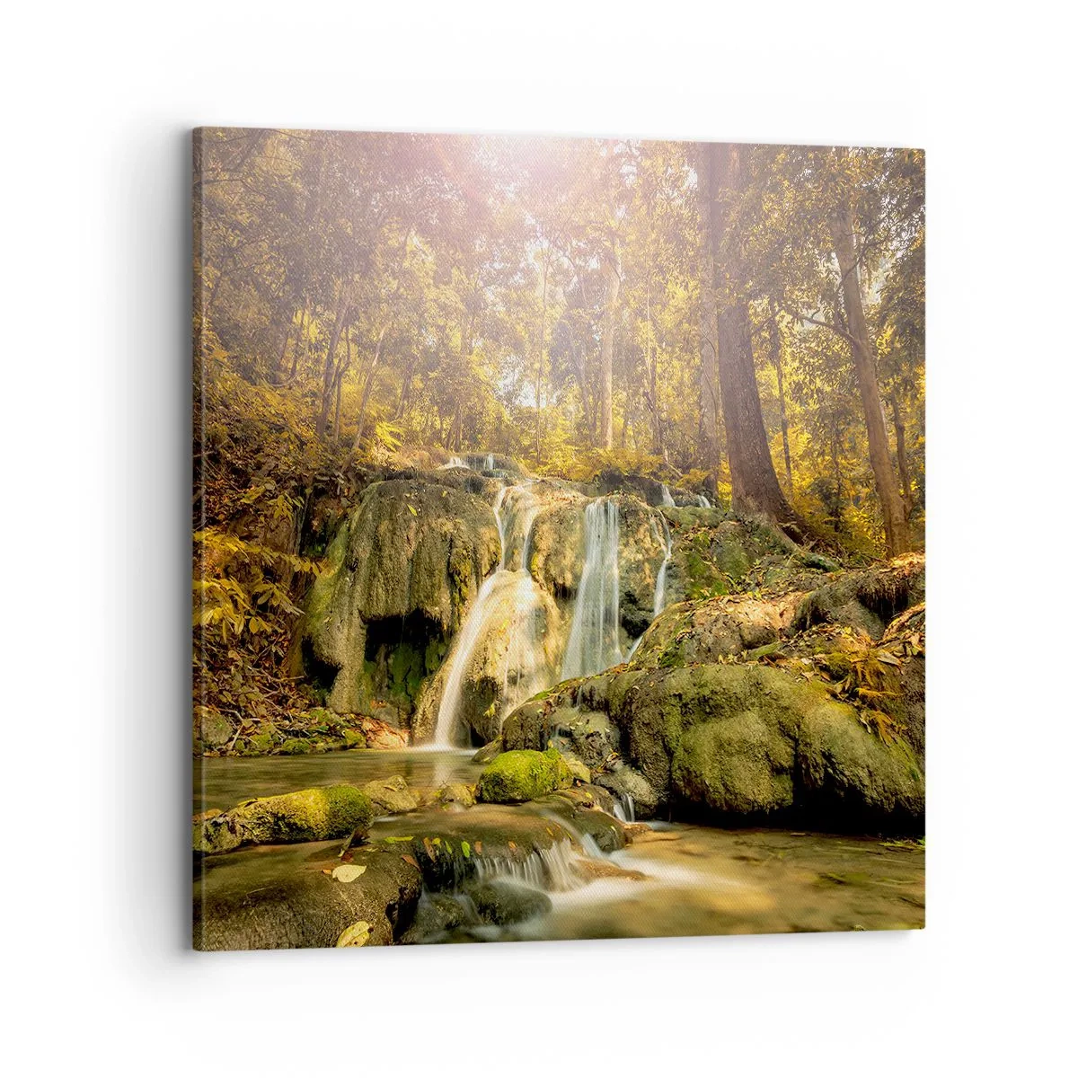 Lærredstryk - Billede på lærred - Skovkaskade i grønt - 70x70 cm